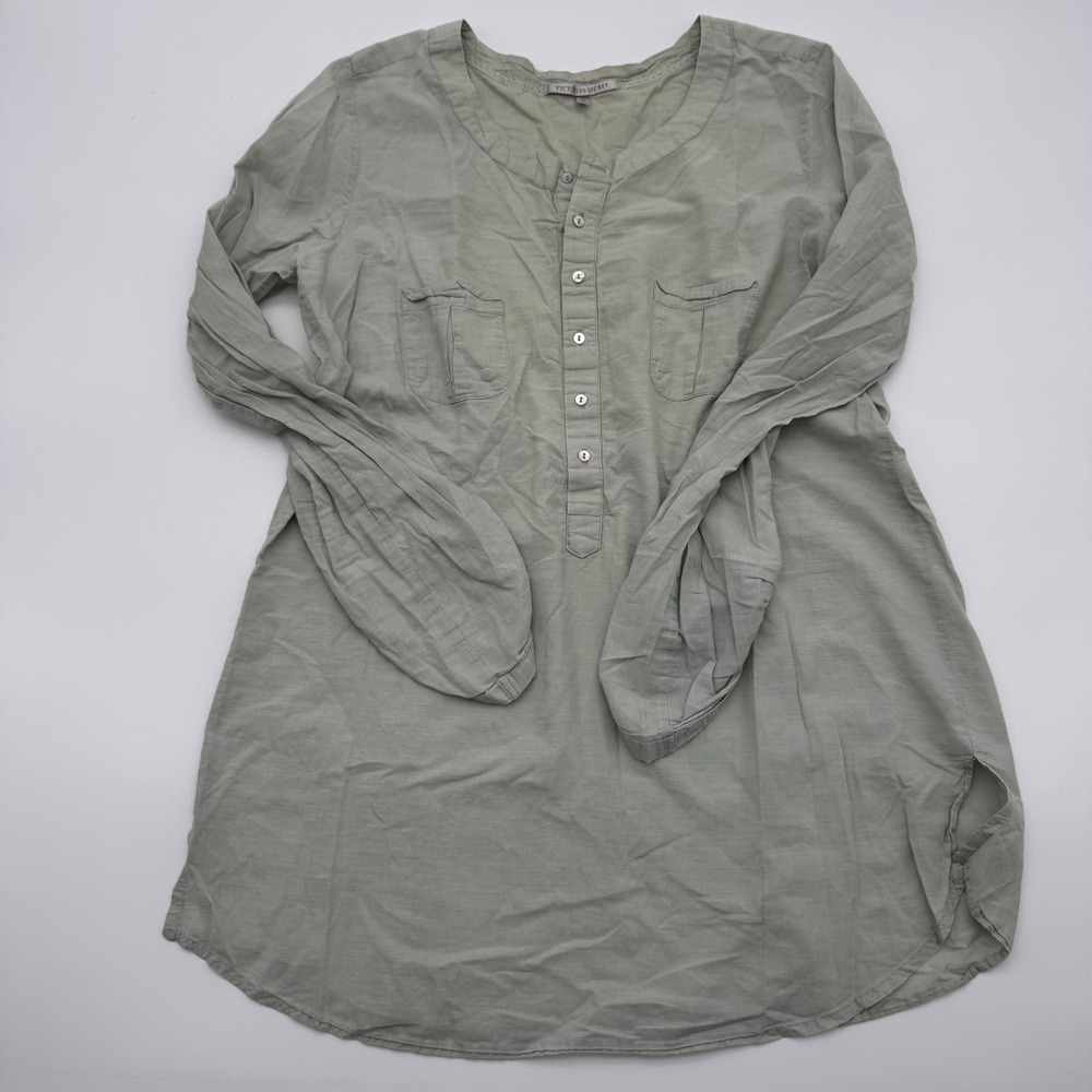 Victorias Secret Sage Green Cotton Gauze Henley Tunic Top Womens Medium M Nighty
